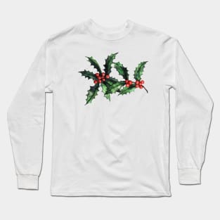 Watercolor Christmas branch of holly Long Sleeve T-Shirt